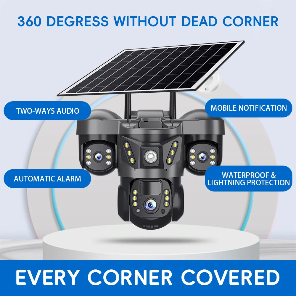 Solar Security Camera 4G Outdoor 3 Lens 3 Screen Color Night Vision 10X Zoom Cameras PIR Human Detect CCTV Security Protection