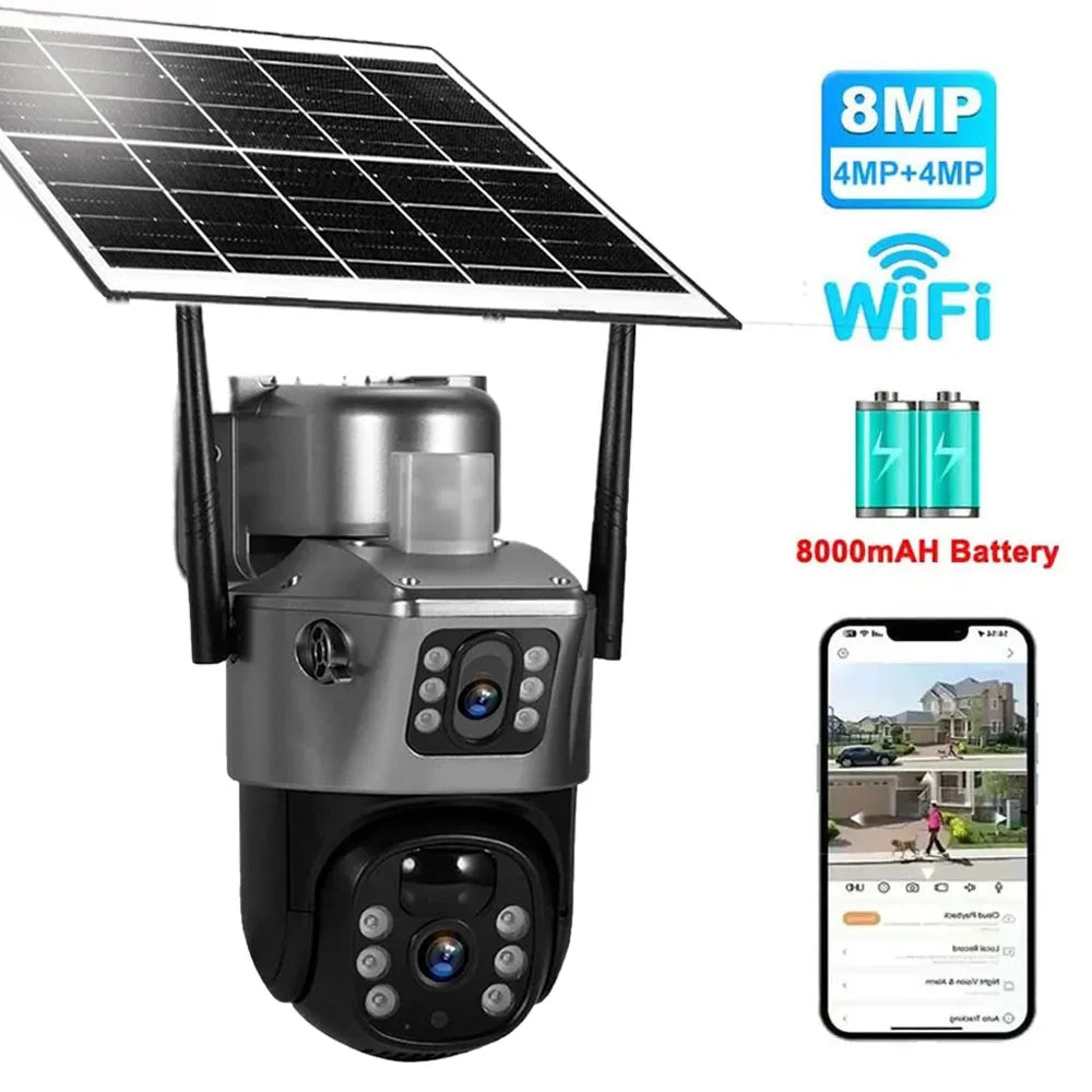 Solar WiFi Security Camera Outdoor 8MP 4K Dual Lens IP CCTV with PIR Night Vision Low Power Battery V380 Pro Wireless Camera