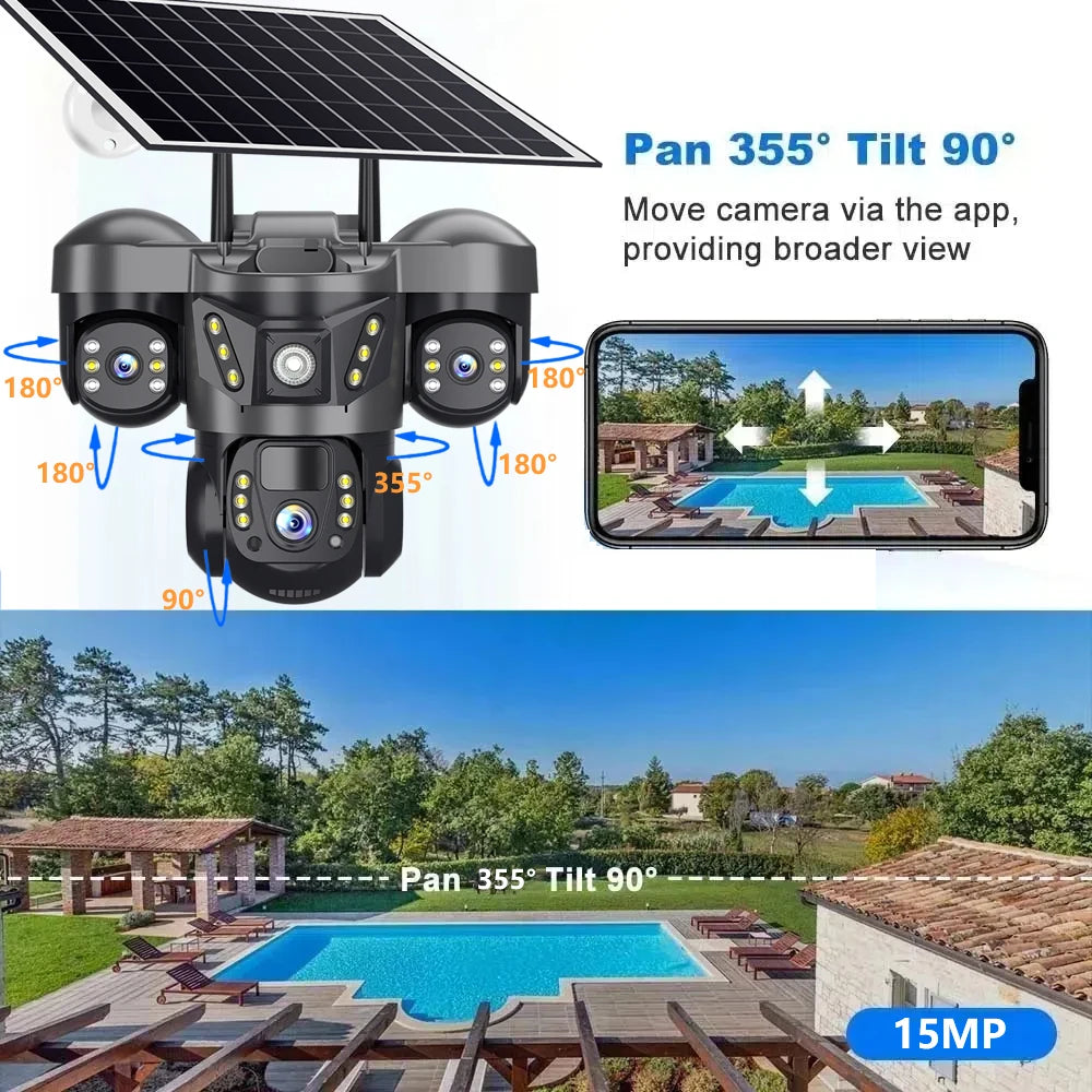 Solar Security Camera 4G Outdoor 3 Lens 3 Screen Color Night Vision 10X Zoom Cameras PIR Human Detect CCTV Security Protection