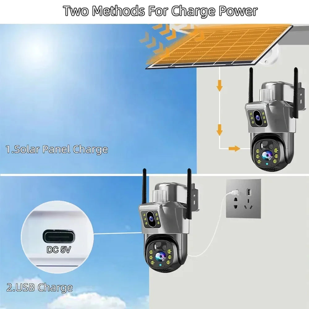 Solar WiFi Security Camera Outdoor 8MP 4K Dual Lens IP CCTV with PIR Night Vision Low Power Battery V380 Pro Wireless Camera