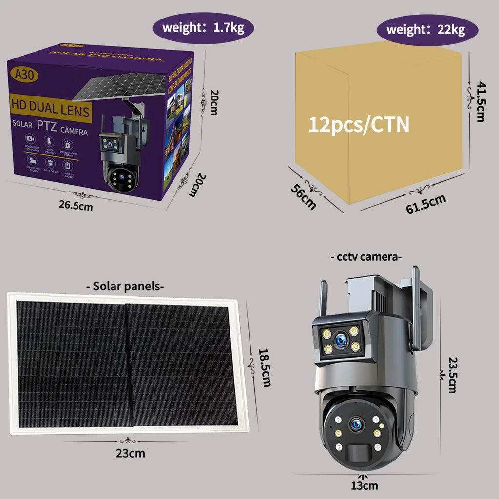 Outdoor Solar Security Camera Lamp Dual Lens 1080P WiFi 4G Alarm 10000mAh PTZ Motion Detect Dual Light Wall Mount