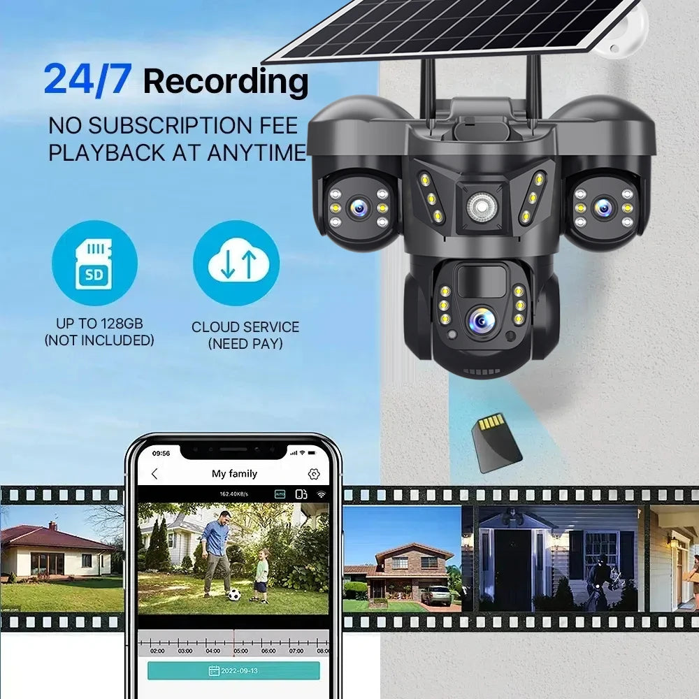 Solar Security Camera 4G Outdoor 3 Lens 3 Screen Color Night Vision 10X Zoom Cameras PIR Human Detect CCTV Security Protection
