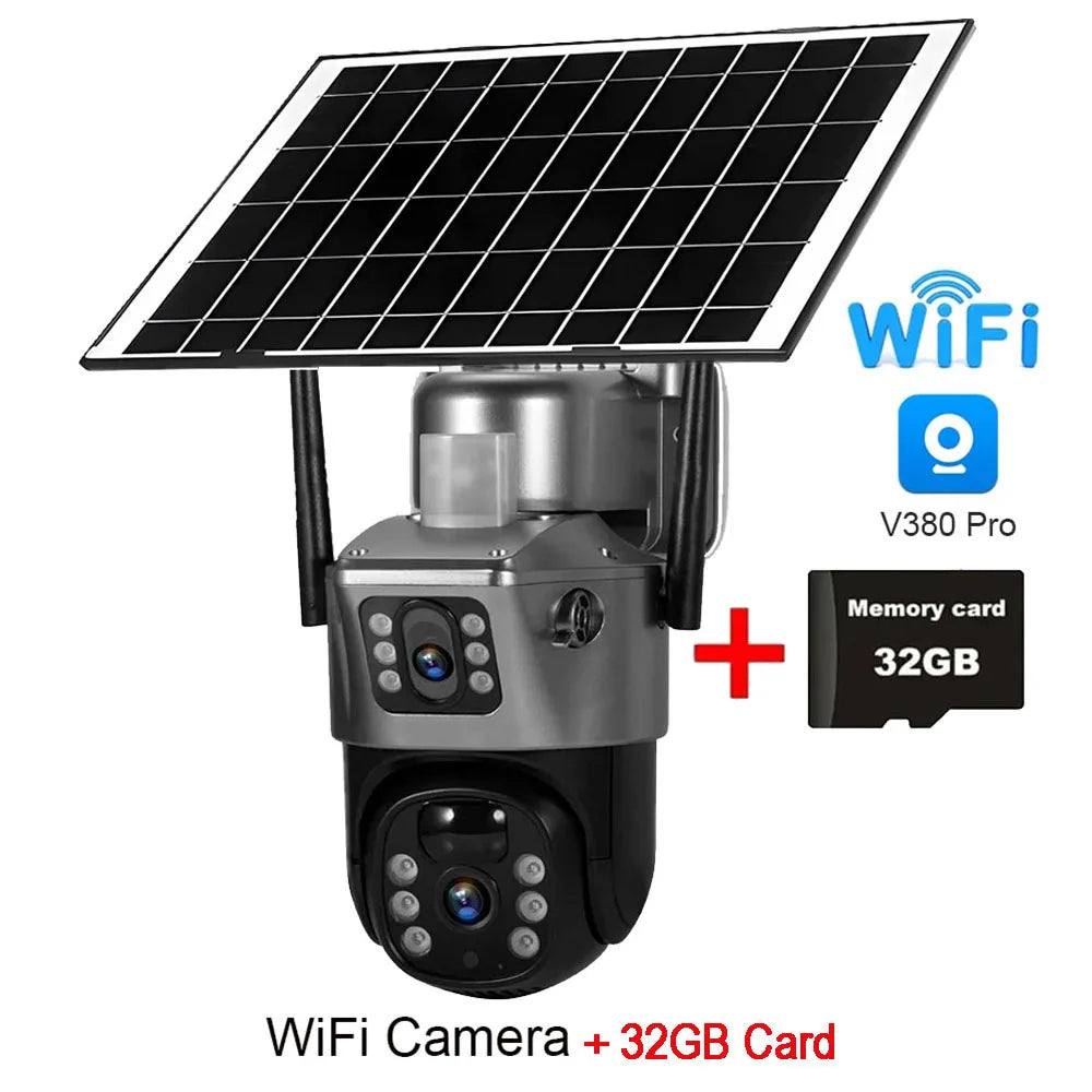 Solar WiFi Security Camera Outdoor 8MP 4K Dual Lens IP CCTV with PIR Night Vision Low Power Battery V380 Pro Wireless Camera
