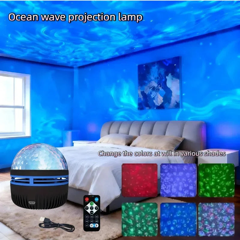 LED Ocean Wave Starry Sky Projector Lamp 1pc 7 Colors Remote Control USB Powered for Kids Room Bedroom Party Ambient Light