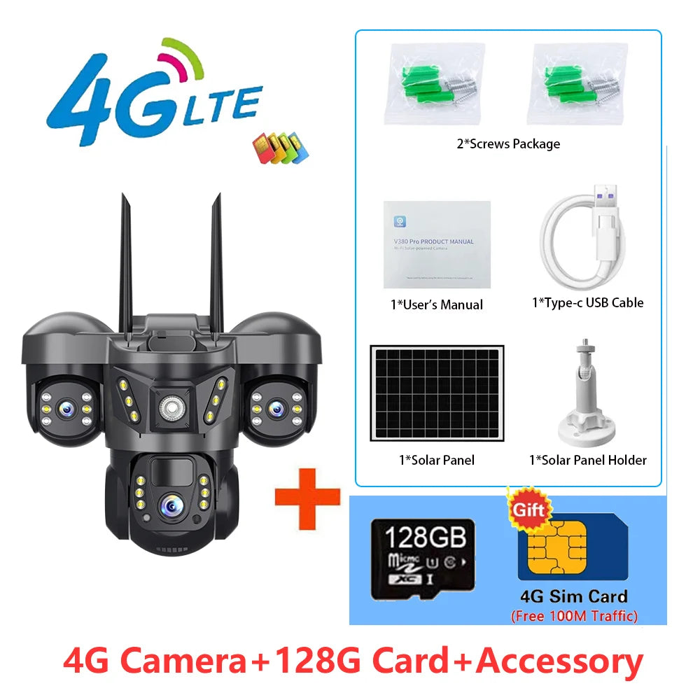 Solar Security Camera 4G Outdoor 3 Lens 3 Screen Color Night Vision 10X Zoom Cameras PIR Human Detect CCTV Security Protection
