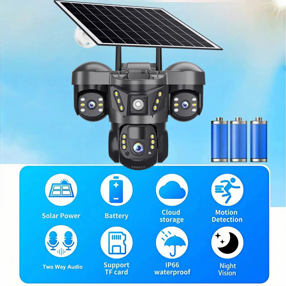 Solar Security Camera 4G Outdoor 3 Lens 3 Screen Color Night Vision 10X Zoom Cameras PIR Human Detect CCTV Security Protection