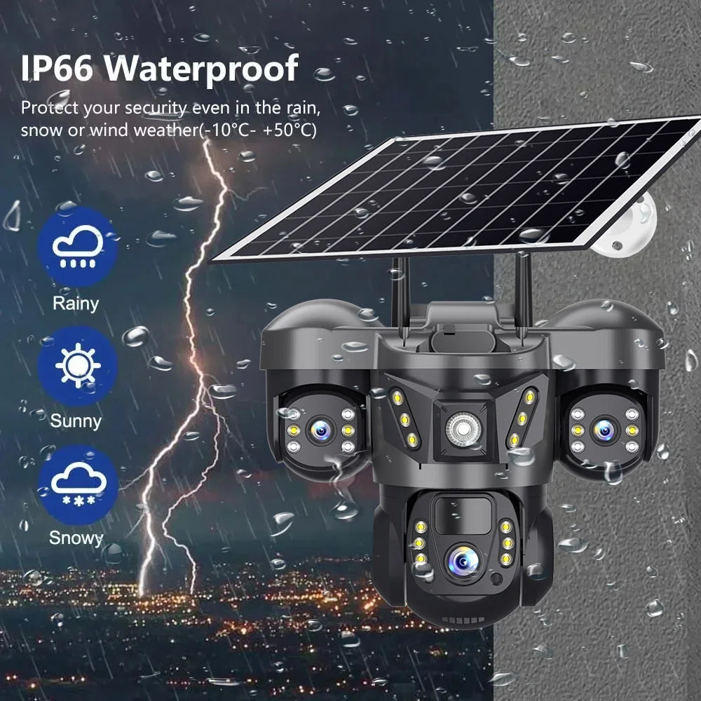 Solar Security Camera 4G Outdoor 3 Lens 3 Screen Color Night Vision 10X Zoom Cameras PIR Human Detect CCTV Security Protection