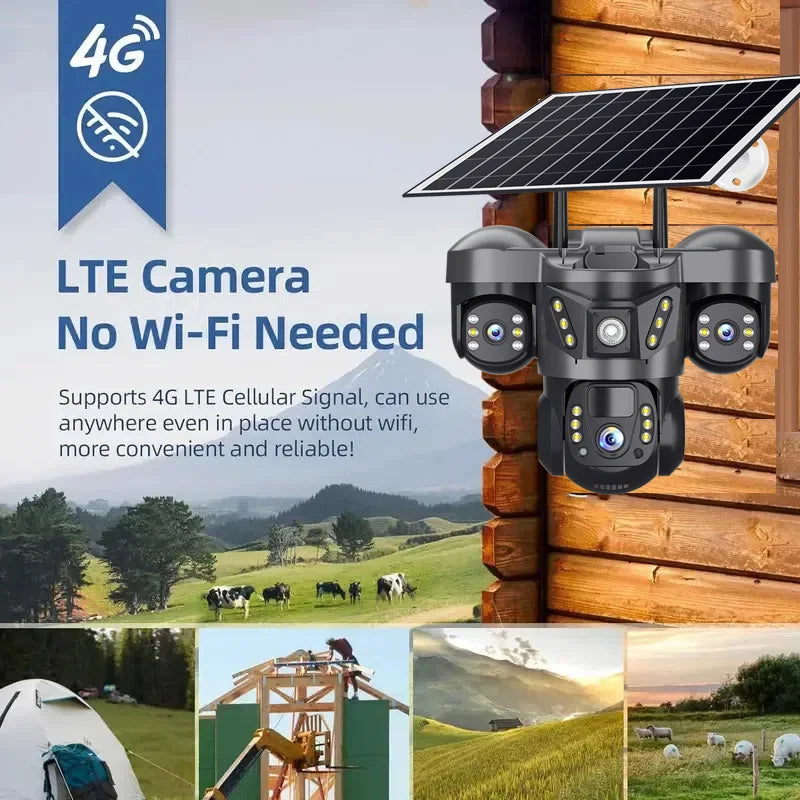 Solar Security Camera 4G Outdoor 3 Lens 3 Screen Color Night Vision 10X Zoom Cameras PIR Human Detect CCTV Security Protection