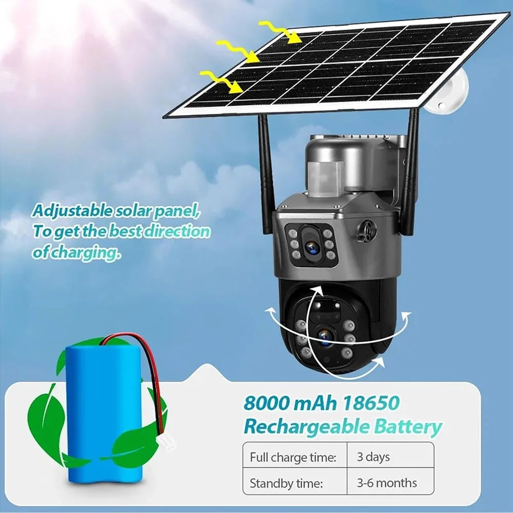 Solar WiFi Security Camera Outdoor 8MP 4K Dual Lens IP CCTV with PIR Night Vision Low Power Battery V380 Pro Wireless Camera