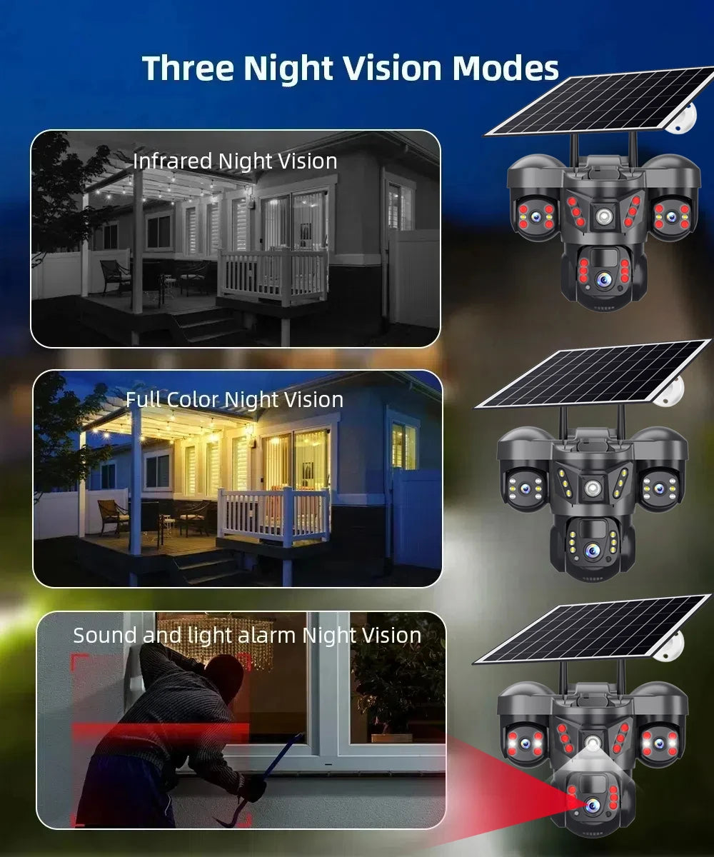 Solar Security Camera 4G Outdoor 3 Lens 3 Screen Color Night Vision 10X Zoom Cameras PIR Human Detect CCTV Security Protection