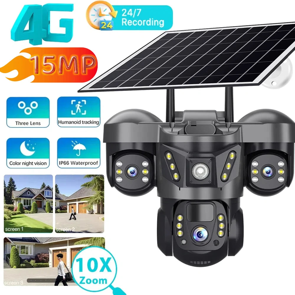 Solar Security Camera 4G Outdoor 3 Lens 3 Screen Color Night Vision 10X Zoom Cameras PIR Human Detect CCTV Security Protection