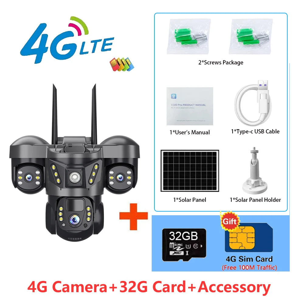 Solar Security Camera 4G Outdoor 3 Lens 3 Screen Color Night Vision 10X Zoom Cameras PIR Human Detect CCTV Security Protection