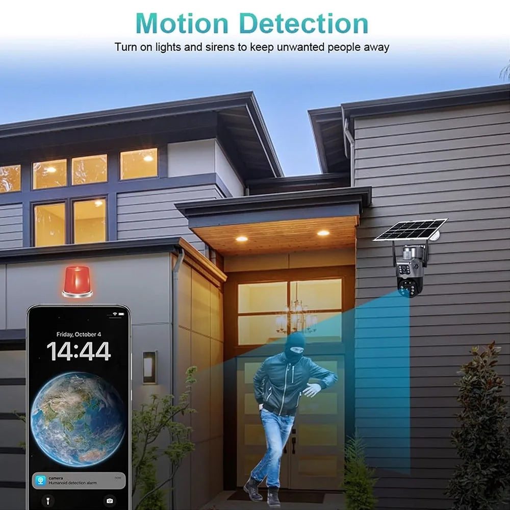 Solar WiFi Security Camera Outdoor 8MP 4K Dual Lens IP CCTV with PIR Night Vision Low Power Battery V380 Pro Wireless Camera