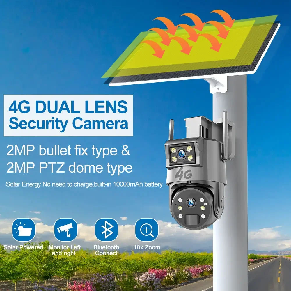 Outdoor Solar Security Camera Lamp Dual Lens 1080P WiFi 4G Alarm 10000mAh PTZ Motion Detect Dual Light Wall Mount