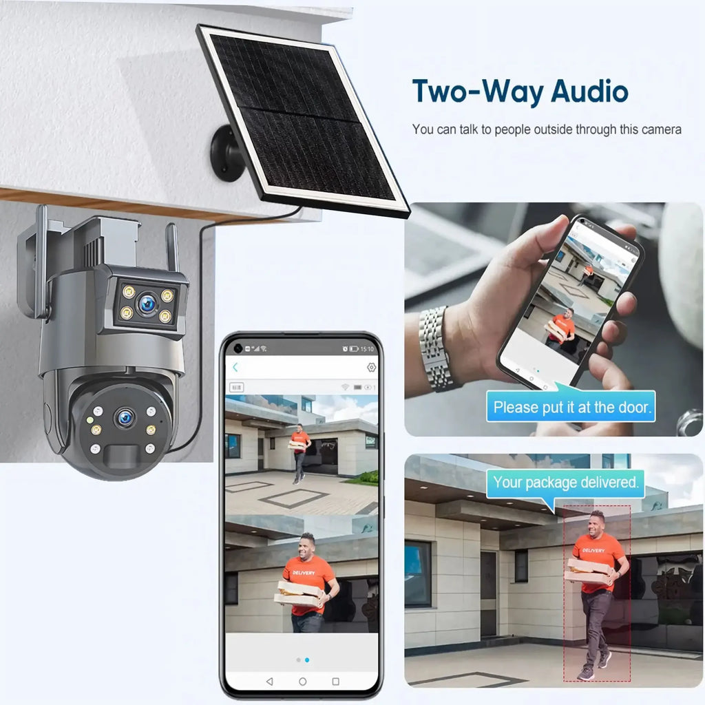 Outdoor Solar Security Camera Lamp Dual Lens 1080P WiFi 4G Alarm 10000mAh PTZ Motion Detect Dual Light Wall Mount