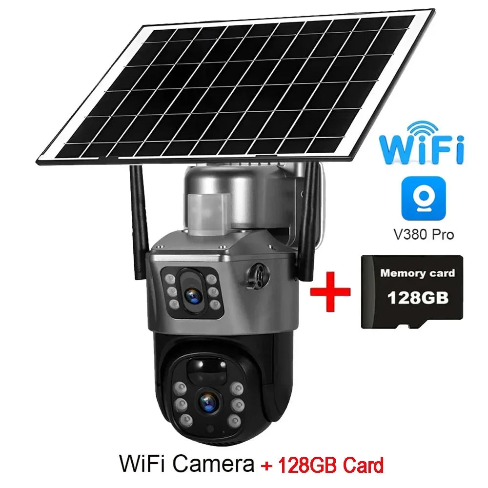 Solar WiFi Security Camera Outdoor 8MP 4K Dual Lens IP CCTV with PIR Night Vision Low Power Battery V380 Pro Wireless Camera