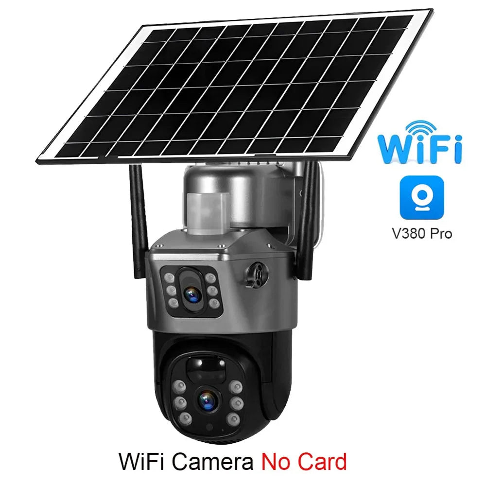 Solar WiFi Security Camera Outdoor 8MP 4K Dual Lens IP CCTV with PIR Night Vision Low Power Battery V380 Pro Wireless Camera