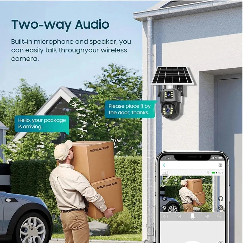 Solar WiFi Security Camera Outdoor 8MP 4K Dual Lens IP CCTV with PIR Night Vision Low Power Battery V380 Pro Wireless Camera