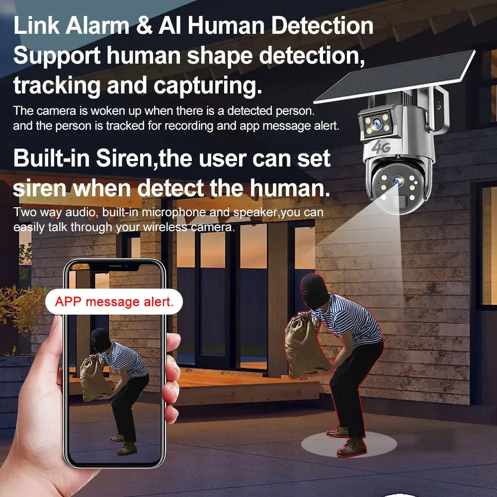 Outdoor Solar Security Camera Lamp Dual Lens 1080P WiFi 4G Alarm 10000mAh PTZ Motion Detect Dual Light Wall Mount