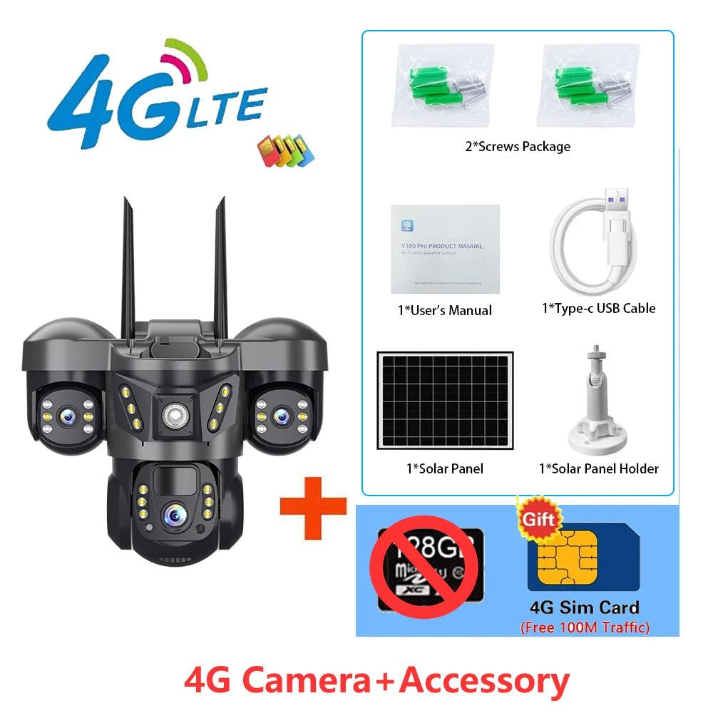 Solar Security Camera 4G Outdoor 3 Lens 3 Screen Color Night Vision 10X Zoom Cameras PIR Human Detect CCTV Security Protection