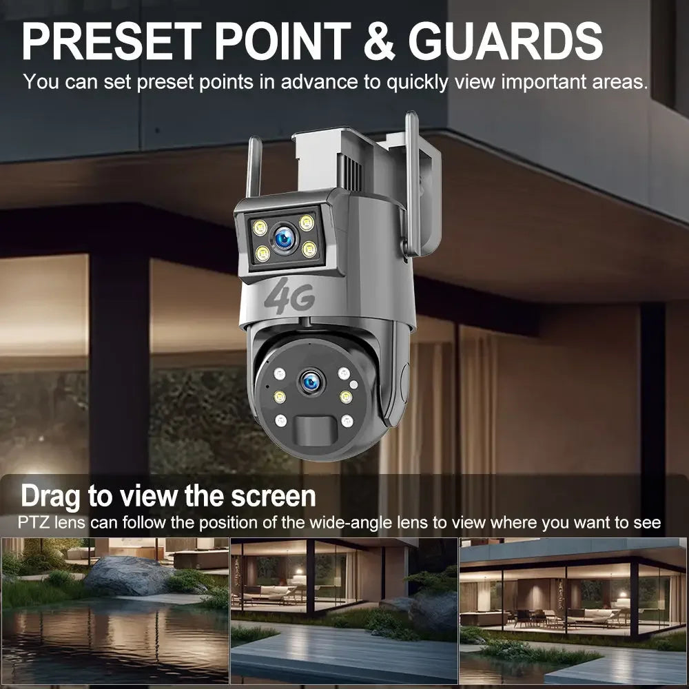 Outdoor Solar Security Camera Lamp Dual Lens 1080P WiFi 4G Alarm 10000mAh PTZ Motion Detect Dual Light Wall Mount