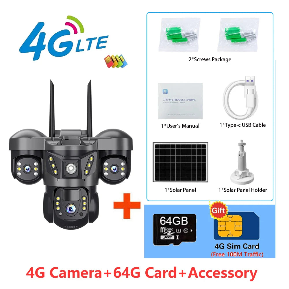Solar Security Camera 4G Outdoor 3 Lens 3 Screen Color Night Vision 10X Zoom Cameras PIR Human Detect CCTV Security Protection