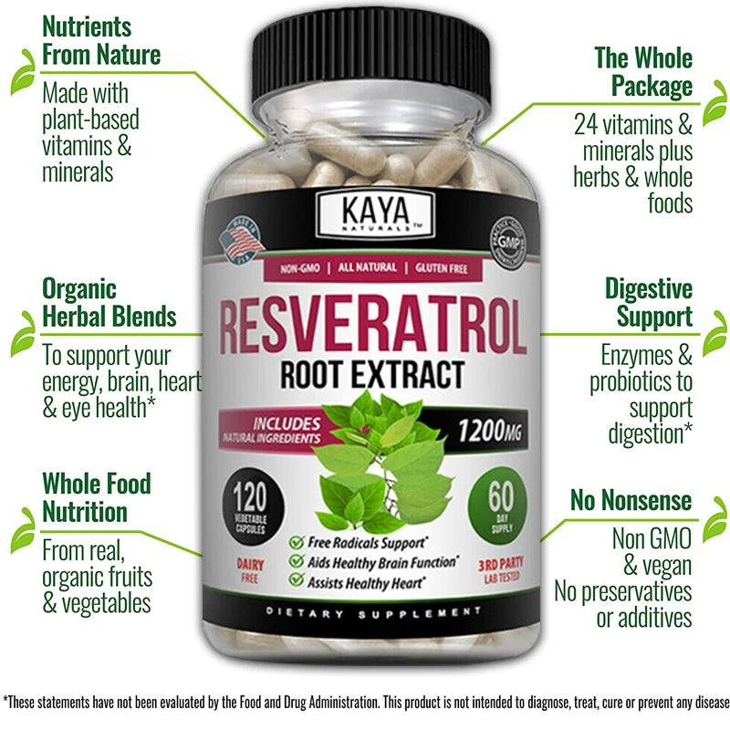 Resveratrol Capsules - Antioxidant Supplement to Support Circulatory Health and Overall Wellness - Non-GMO