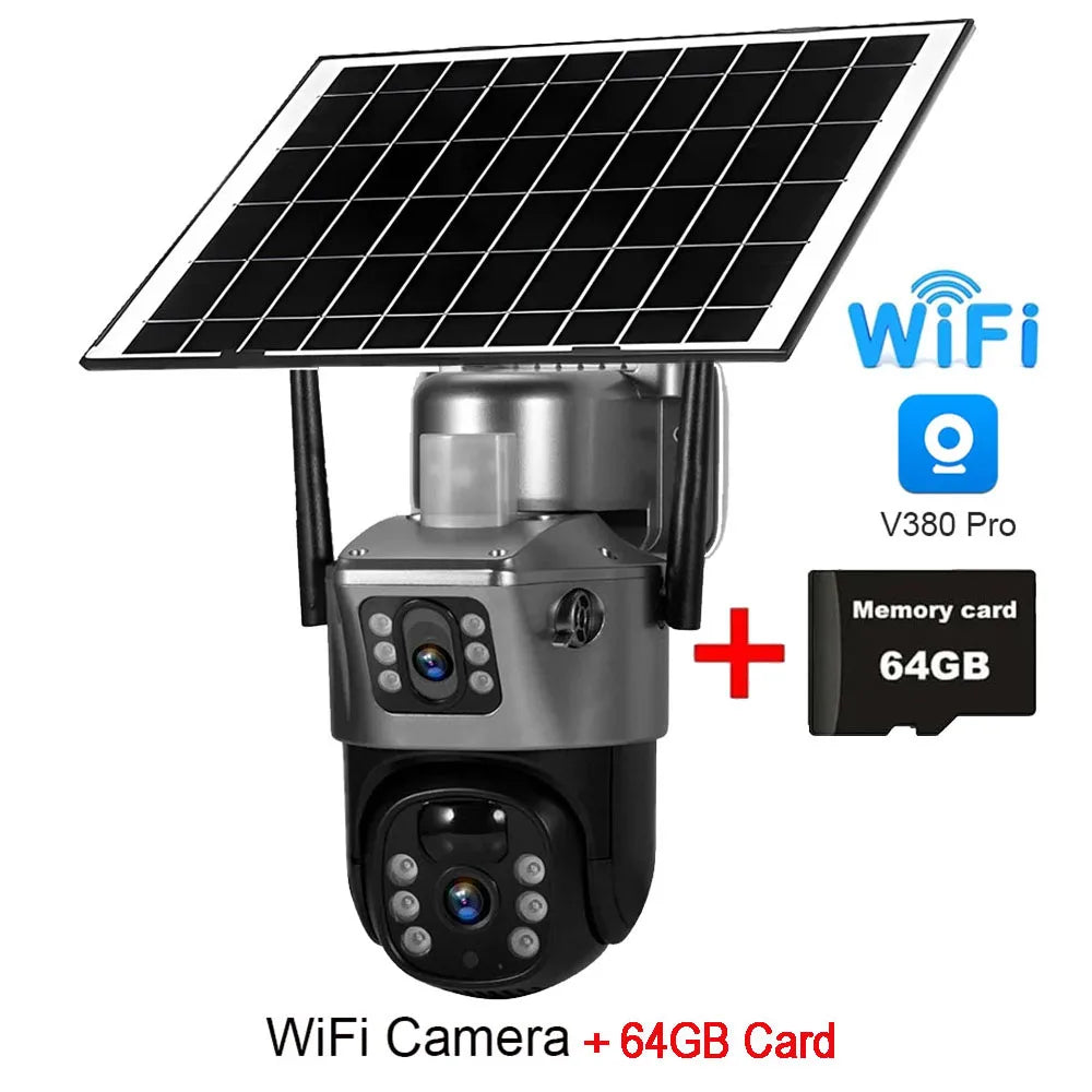 Solar WiFi Security Camera Outdoor 8MP 4K Dual Lens IP CCTV with PIR Night Vision Low Power Battery V380 Pro Wireless Camera
