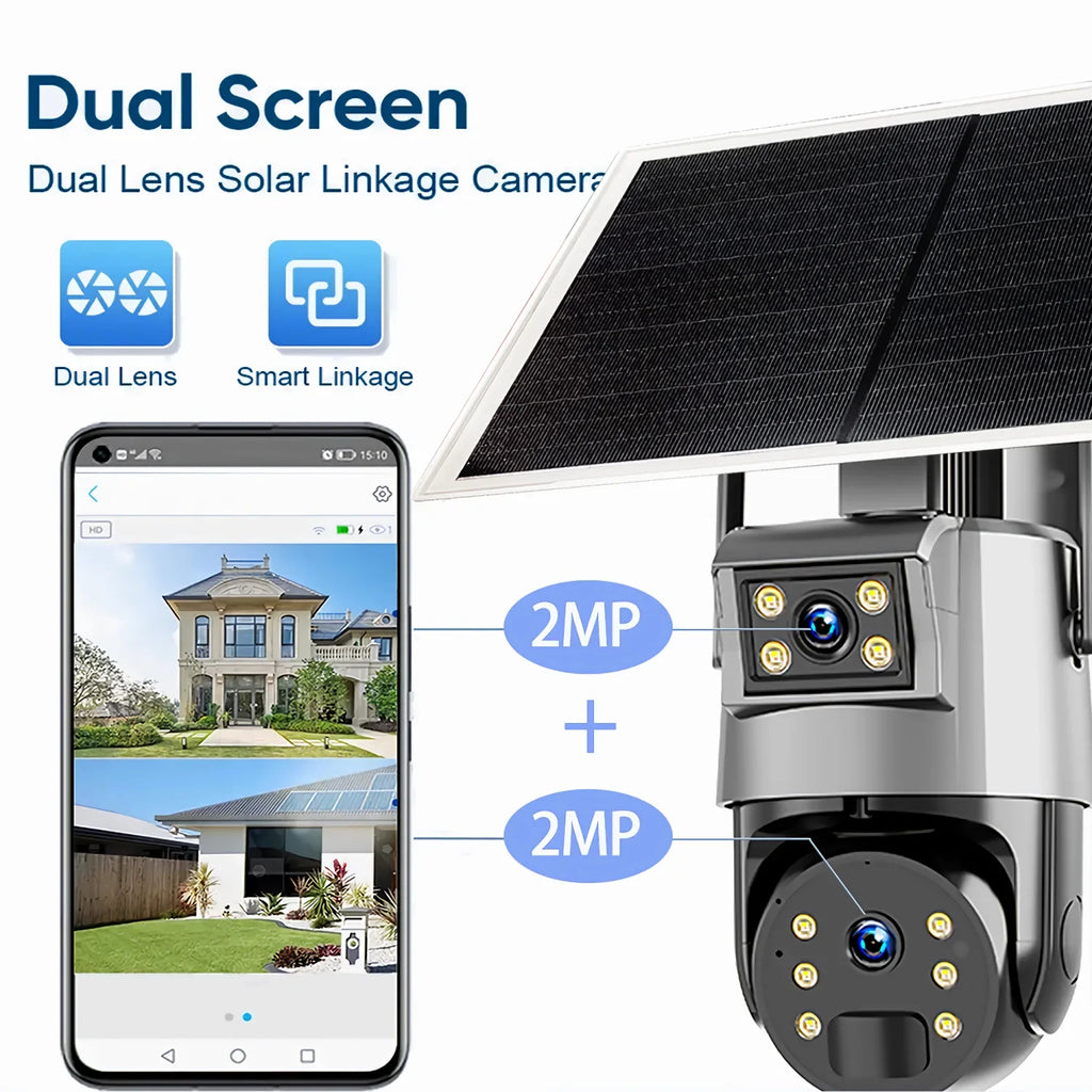 Outdoor Solar Security Camera Lamp Dual Lens 1080P WiFi 4G Alarm 10000mAh PTZ Motion Detect Dual Light Wall Mount